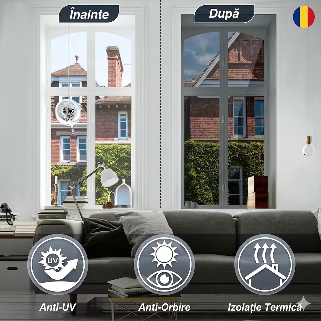 Folie Protecție Solară Autoadezivă pentru Geam — Blochează Căldura și UV