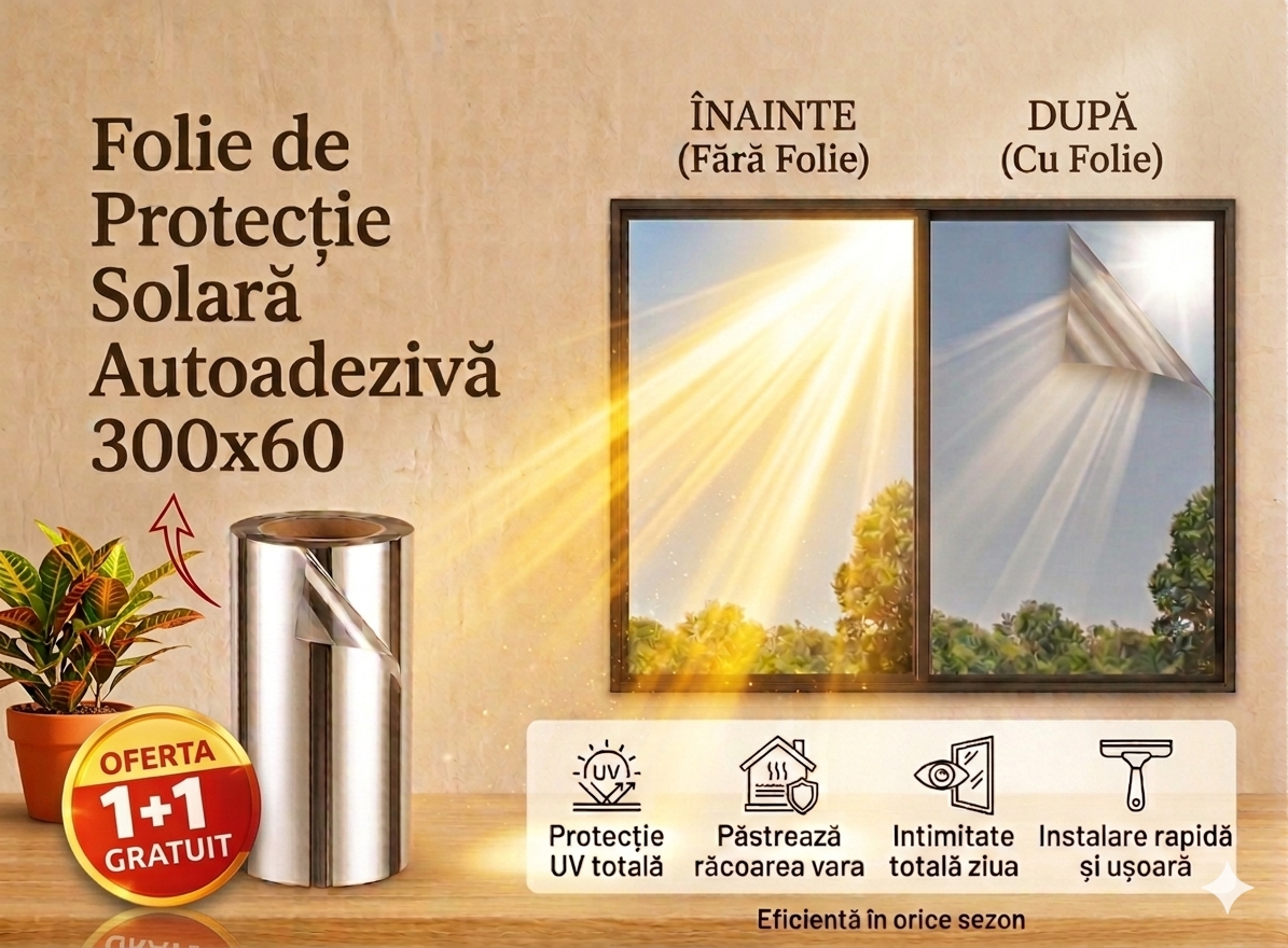 Folie Protecție Solară Autoadezivă pentru Geam — Blochează Căldura și UV