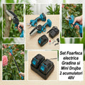 Set Foarfeca electrica  Gradina si Mini Drujba 2 acumulatori 48V cu brat 2m telescopic,  unghi taiere reglabil
