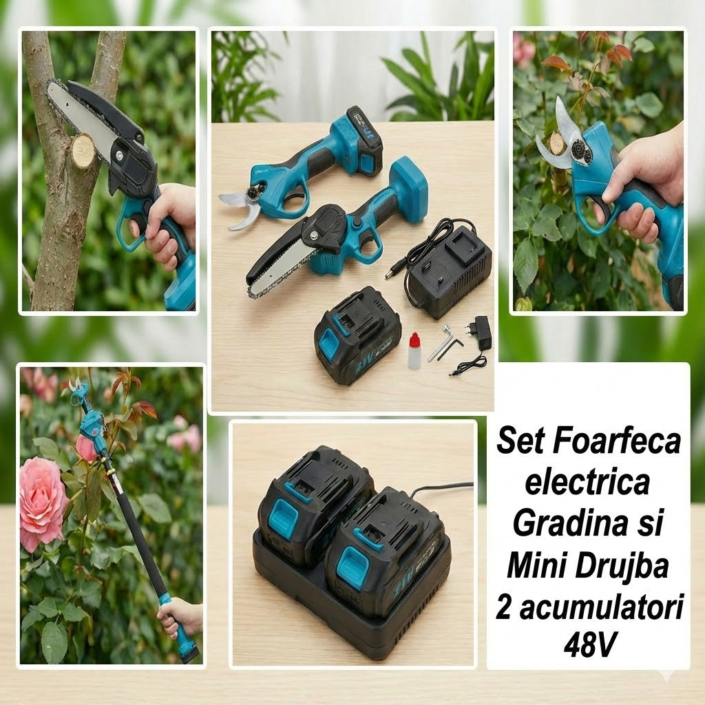 Set Foarfeca electrica  Gradina si Mini Drujba 2 acumulatori 48V cu brat 2m telescopic,  unghi taiere reglabil